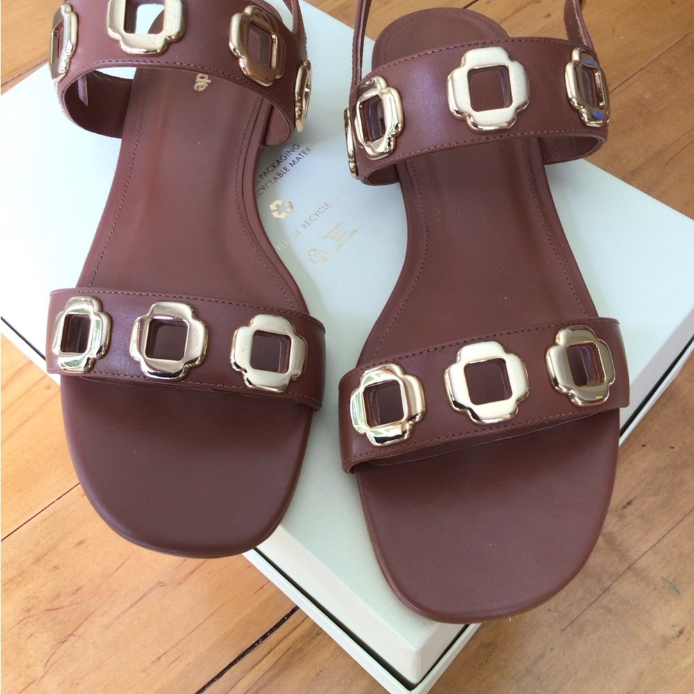 Larroude Milan Brown and Gold Sandals with Sleek Geometric Accents.
